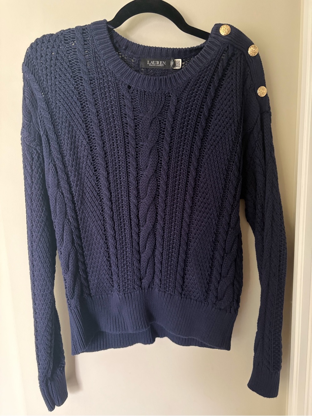 Ralph Lauren black label Navy Cable Knit Shoulder- Gold Button Sweater Large